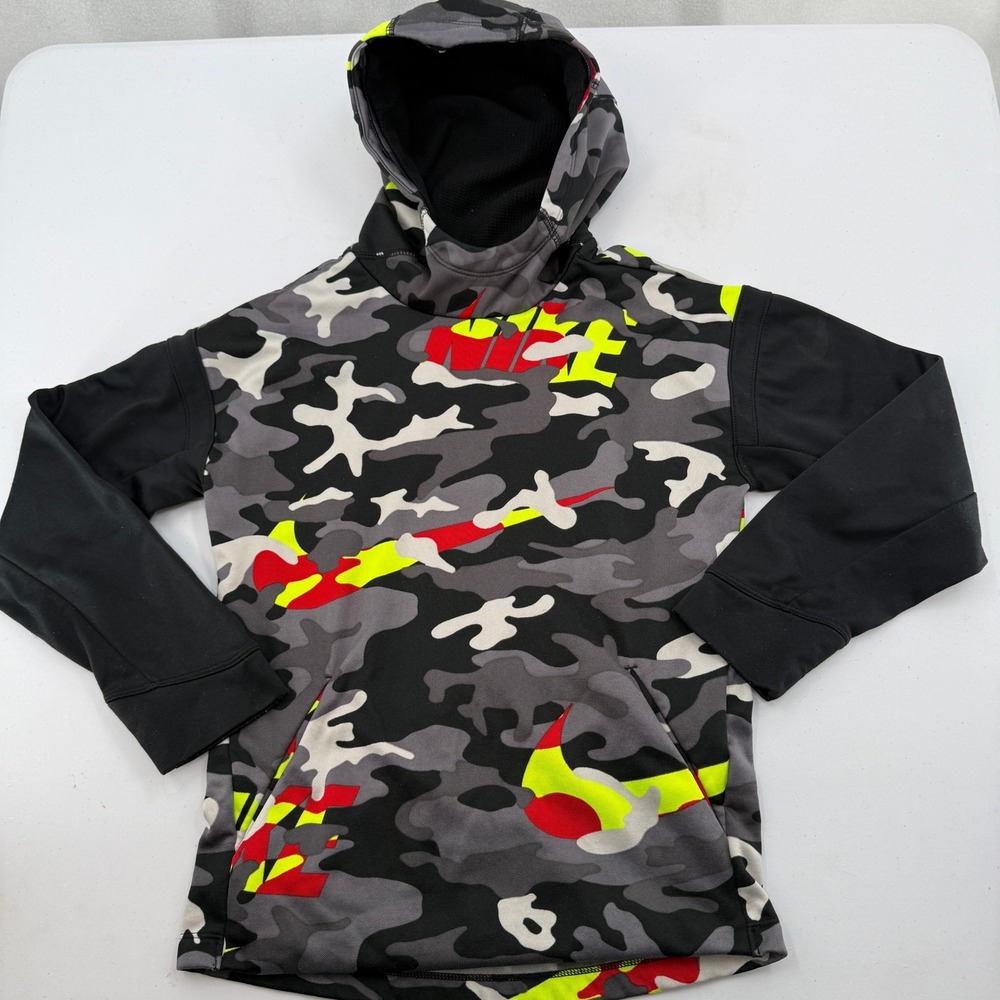 Nike Hoodie Boys Medium Gray Camo Neon Yellow Red Therma Fleece BV3787-702